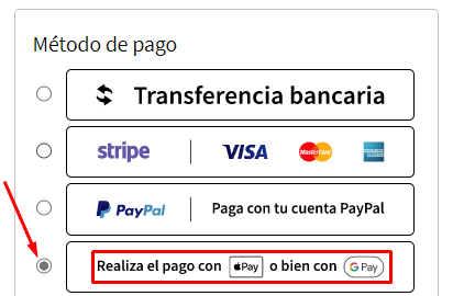 Apartado para pagar con Google y Apple Pay