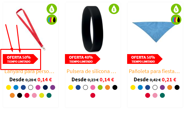 Los productos están indicados con una forma poligonal roja con el porcentaje a rebajar y el tiempo.