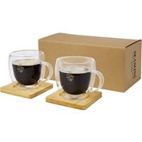 Dos tazas de vidrio de doble pared de 250 ml con posavasos de bambú Manti