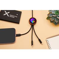 Cable de carga de 40 W 5 en 1 de PET reciclado con logo retroiluminado y estuche redondo de madera "SCX.design C37"
