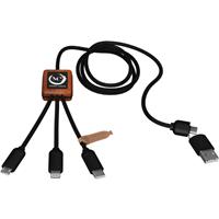 Cable de carga de 40 W 5 en 1 de PET reciclado con logo retroiluminado y estuche cuadrado de madera "SCX.design C38"