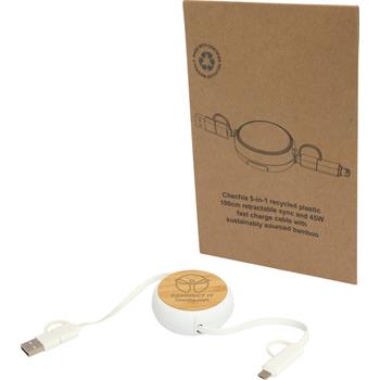 Cable retráctil 5 en 1 de plástico reciclado de 100 cm para sincronización de datos y carga rápida de 45 W