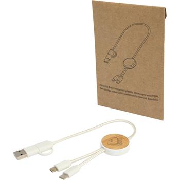 Cable 5 en 1 de plástico reciclado de 30 cm para sincronización de datos y carga rápida de 27 W con detalles de bambú Chechi