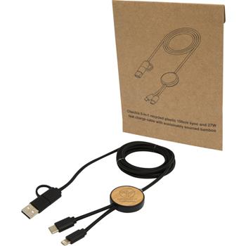 Cable 5 en 1 de plástico reciclado de 150 cm para sincronización de datos y carga rápida de 27 W con detalles de bambú Chech