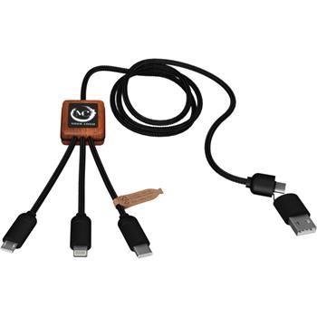 Cable de carga de 40 W 5 en 1 de PET reciclado con logo retroiluminado y estuche cuadrado de madera "SCX.design C38"