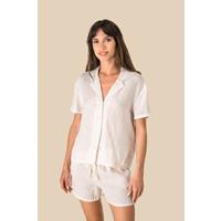 Camisa manga corta de lino y cuello bowling mujer