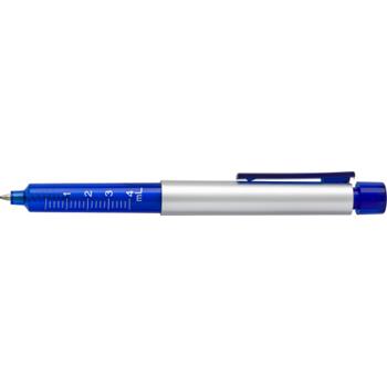 Bolígrafo de plástico en forma de jeringuilla. Tinta azul