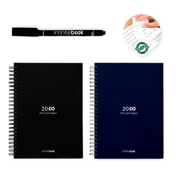 El set incluye un "Diario permanente", un kit de limpieza, un marcador y un portamarcadores Starter Kit "Starter kit infinite planner a5" INFINITE PLANNER A5