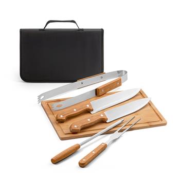 Hecho en madera y acero inoxidable Flare Conjunto de 5 utensilios para barbacoa y tabla de bambú