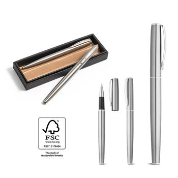 Set de bolígrafo y roller con cuerpo de acero inoxidable (53% rSS) con clip Ella