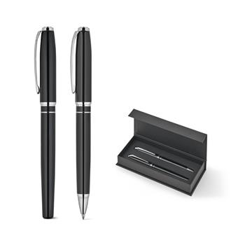 Set premium compuesto por 1 bolígrafo y 1 roller en cobre y acero inoxidable, con tinta azul Saramago