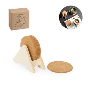 Soporte de madera contrachapada con 6 posavasos de corcho Plycork