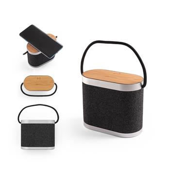 Altavoz portátil de 5 W con cargador inalámbrico ultrarrápido de 15 W y 2 h de duración de batería fabricado en bambú y PET reciclado (100% rPET) Guetta