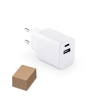 Adaptador de corriente con puerto USB-A de 18 W y USB-C de 20 W en ABS reciclado (100% rABS) WEGENER