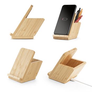 Soporte para smartphone y porta bolígrafo con cargador inalámbrico rápido de 10 W en bambú Leavitt